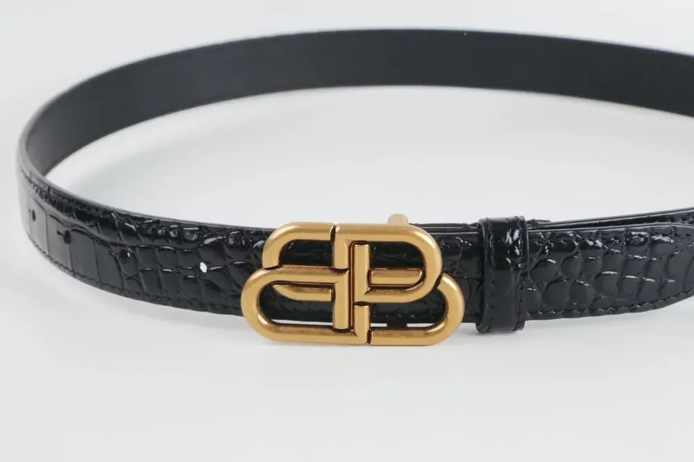 Balenciaga Black Croc Embossed Leather BB Logo Belt Antique Gold Hardware 80